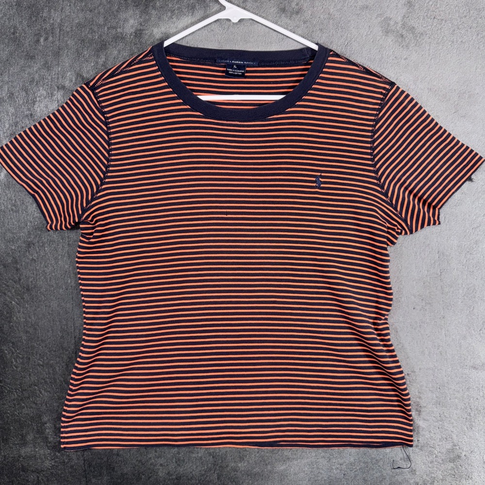 Ralph Lauren Sport Navy Orange Striped Cotton T-Shirt XL Short Sleeve Pony Logo